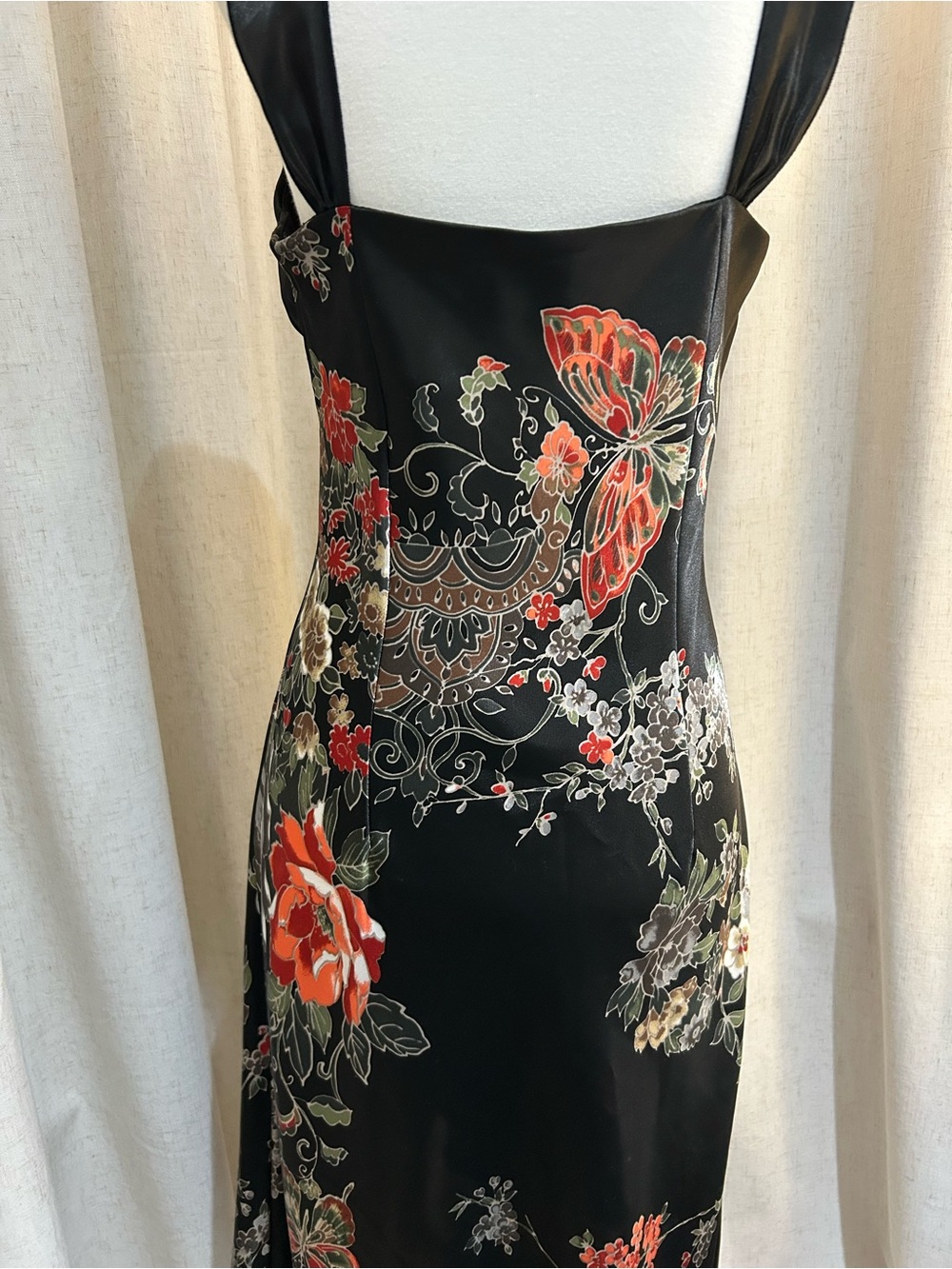Vtg Y2K A. Byer Floral Butterfly Black Satin Empire Waist Midi Dress Size 11 - Picture 5 of 10